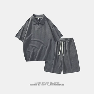 M-8XL大码翻领POLO衫男士夏季短袖短裤两件套宽松休闲运动套装