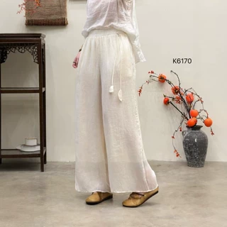 花苞流苏2026夏季新款苎麻双层阔腿裤女 文艺松紧腰系带休闲长裤