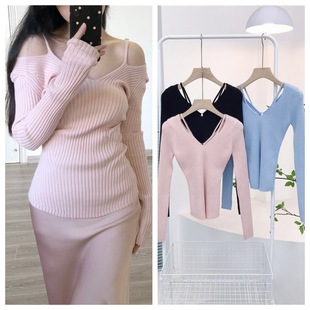 High quality] Zhixiu's same style deep V-neck off-shoulder pit strips irregular waist backless knitted versatile pure lust top