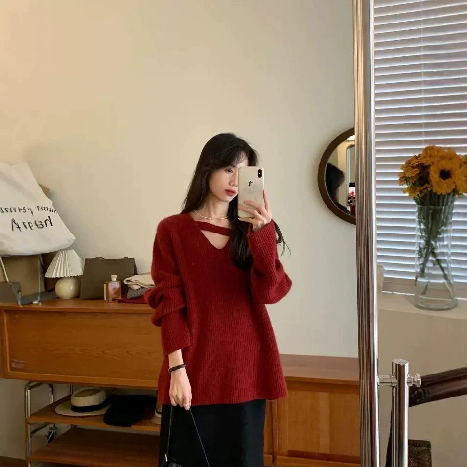 Демисезонный цветной вязаный свитер, oversize, корейский стиль, V-образный вырез
