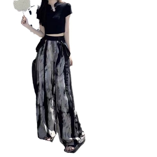 New National Style Ice Silk Chiffon Wide Leg Pants for Women - Summer Ink Painting Casual Pants with Fringe Draping Effect - High-Waisted Straight Leg Pants
