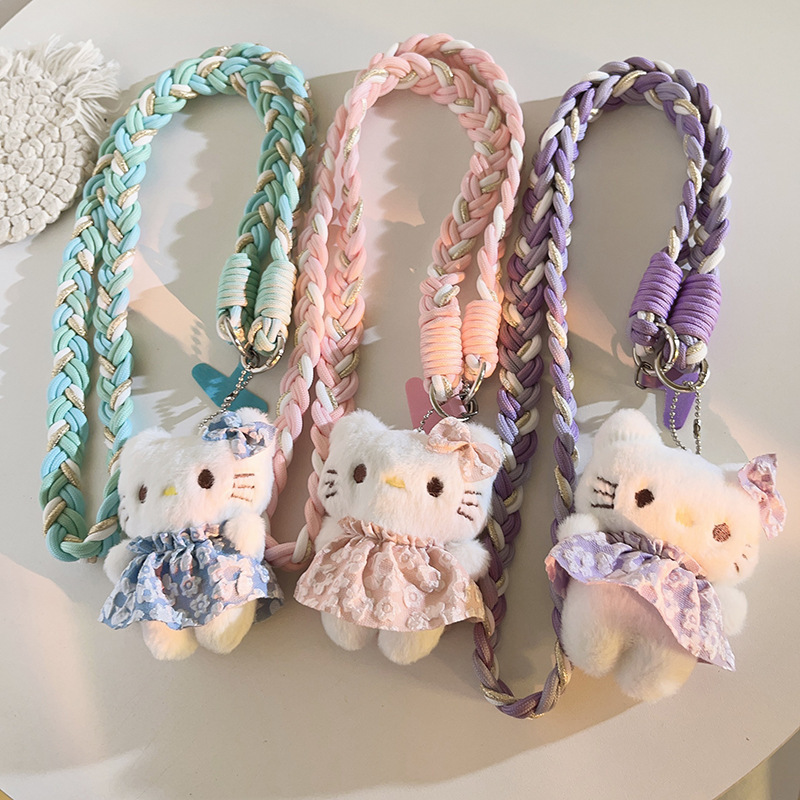 Girl's Pink Dress Kt Cat Pendant Phone Case Lanyard Crossbody Long Strap Sling Cross-Chain Side Chain