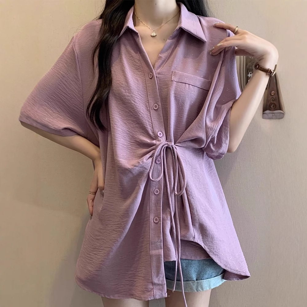 Áo sơ mi nữ tay ngắn thiết kế dây buộc không đều dáng rộng mùa hè — Màu đen