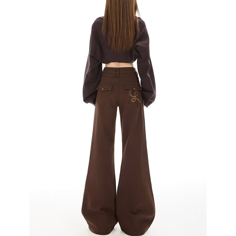 American-style Melard brown flared jeans for women, 2026 spring/autumn collection, high-waisted, leg-lengthening, slimming, versatile, floor-length flared pants
