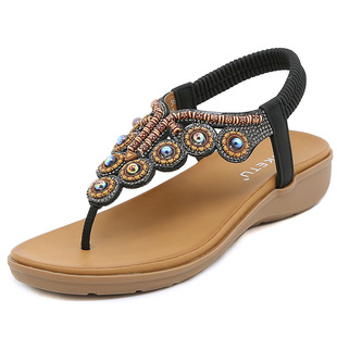 2025 Summer New Bohemian Style Flip-On Beaded Rhinestone Buckle Ornament Elastic Heel Elastic Strap Women's Shoes