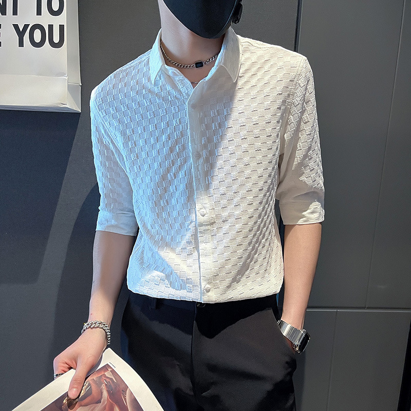 High-grade Ice Silk Short-sleeved Shirt Men's Trendy Slim-fit Half-sleeved Shirt Summer Fashionable Brand Casual Summer Top