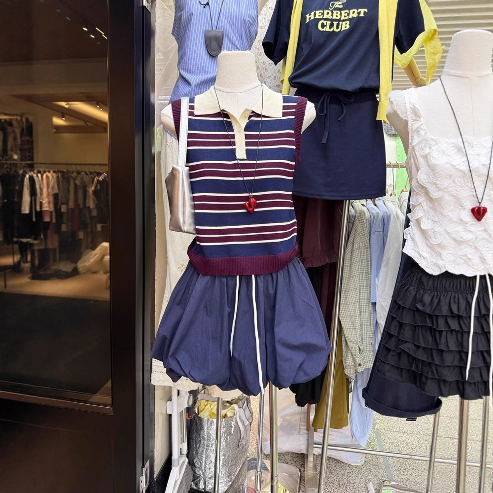 polo领条纹针织背心抽绳花苞短裙女夏季新款显瘦设计感时尚套装潮