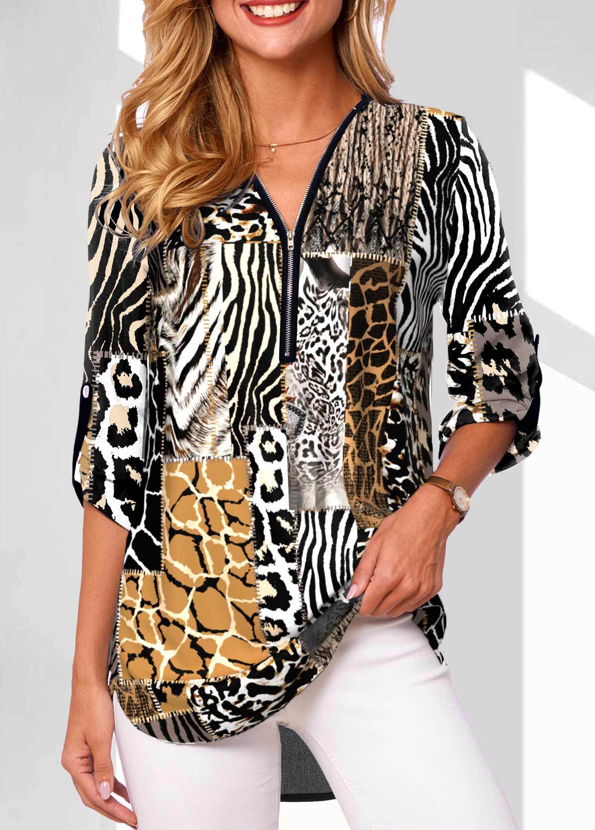 bestseller: European American Style V-neck Zippered Plus-size Women's Long-sleeve Shirt With Rollable_ecoleips.com
