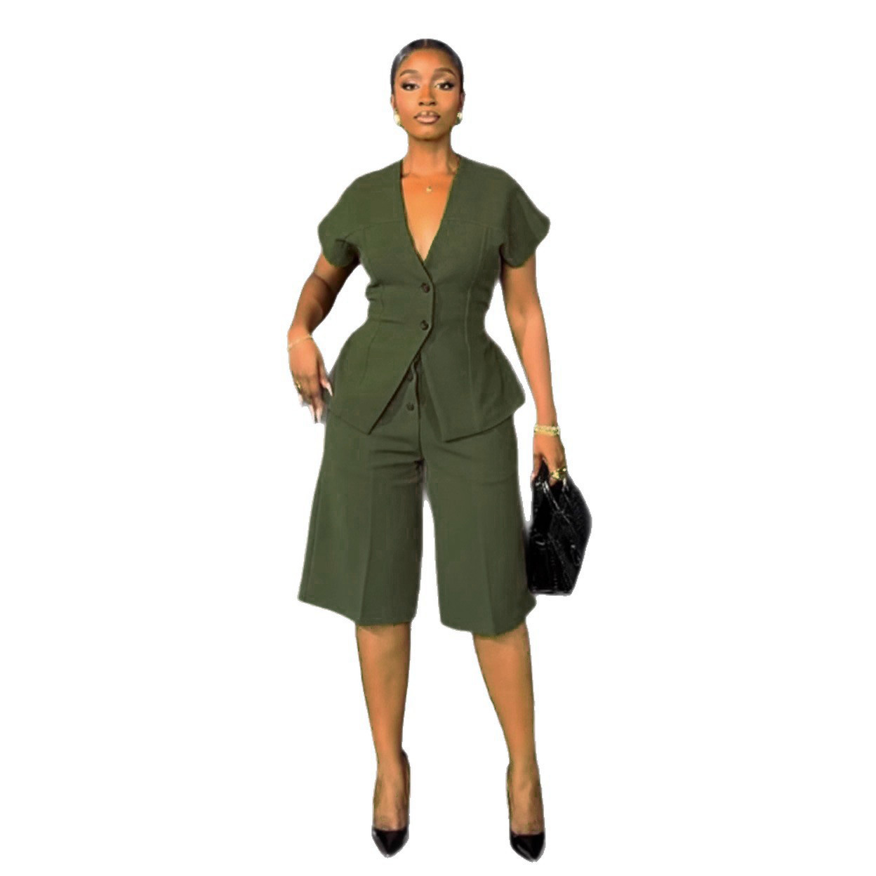 Elegant Office Two-Piece Set – Sleeveless Top & Tied Waist Shorts (Black/White/Green, S-2XL)​_ecoleips.com