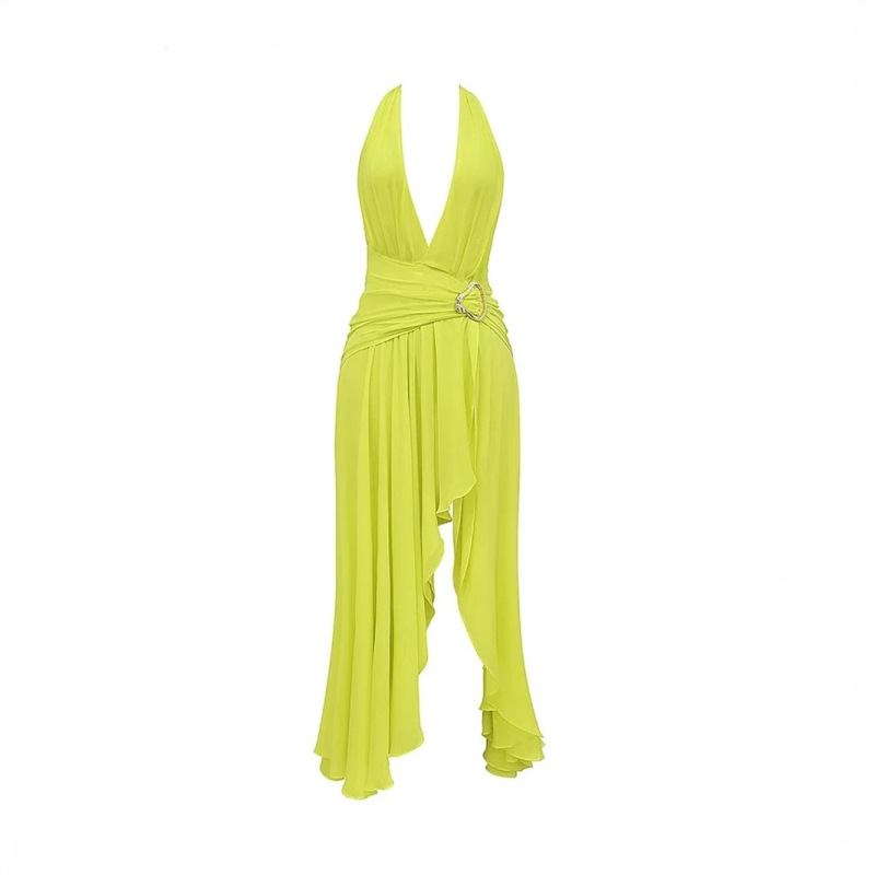 25 Summer American Designer Fashion Brand Sexy Deep V-Neck Sleeveless Silk Elegant High Split Goddess Holiday Dress