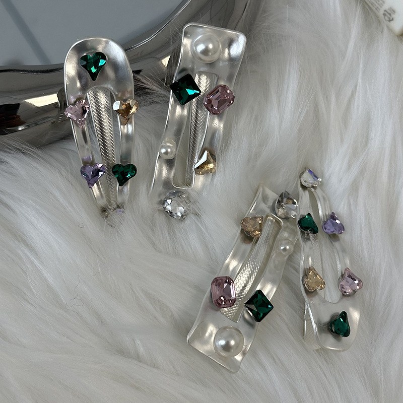 Kleurrijke edelsteen retro elegante zilveren legering Parel Strass eendenbek clip haarspeld meisje Hart zij pony clip_voghion.com