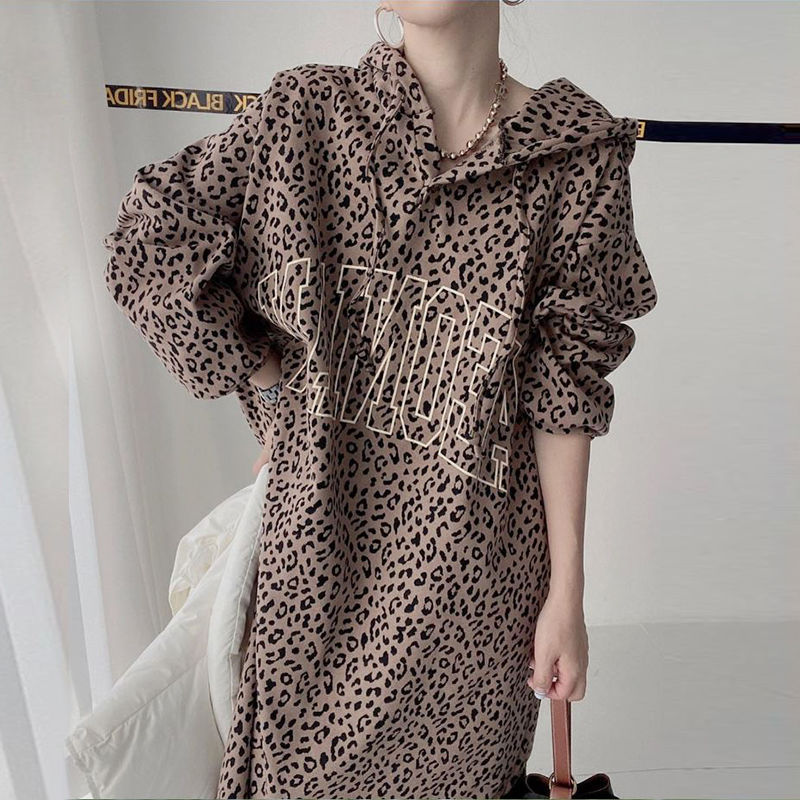 GraceChic Spring And Autumn 140kg Retro Letter Print Leopard Dress For Plus Size Women 150kg Loose Casual Top_voghion.com