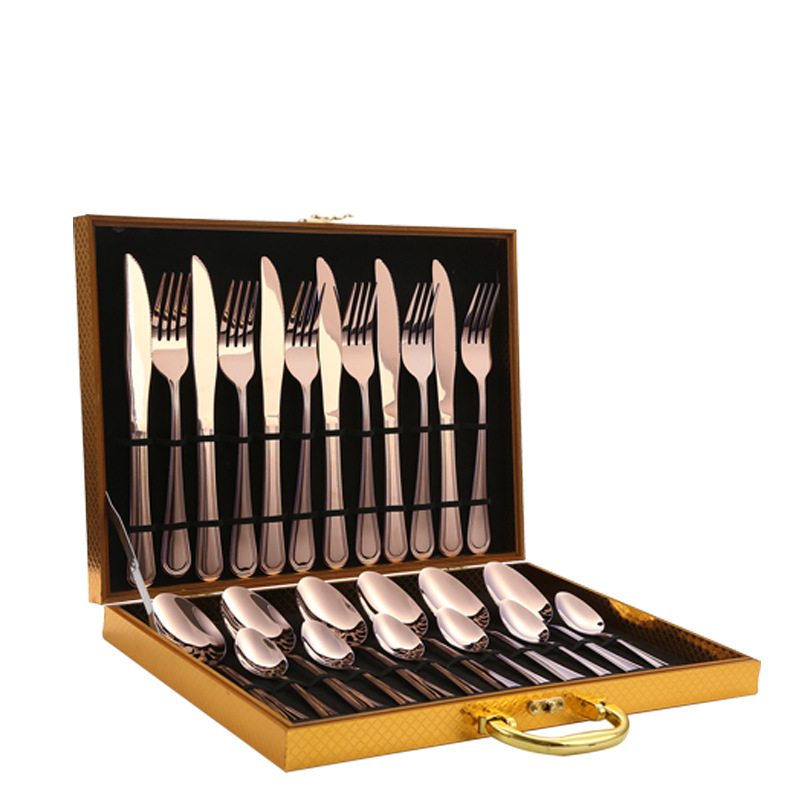 Cuchillo y tenedor de acero inoxidable cuchillo y cuchara de venta transfronteriza conjuntos de 24 piezas conjuntos de doble línea de suministros de hotel caja de regalo conjuntos de cubiertos