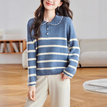 韩系白色条纹娃娃领加厚毛衣女秋冬慵懒高级感针织衫宽松软糯上衣