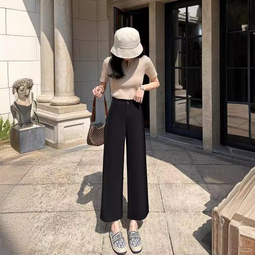 Black Women's Summer Thin Straight Leg High-Waisted Flowing Suit Pants for Loose Women Pear Shape 9/10 Length