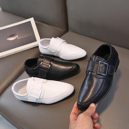  New Children's Shoes Black Leather Shoes Children's British Style Black and White Performance Shoes Boys' Pointed Toe Dress Shoes