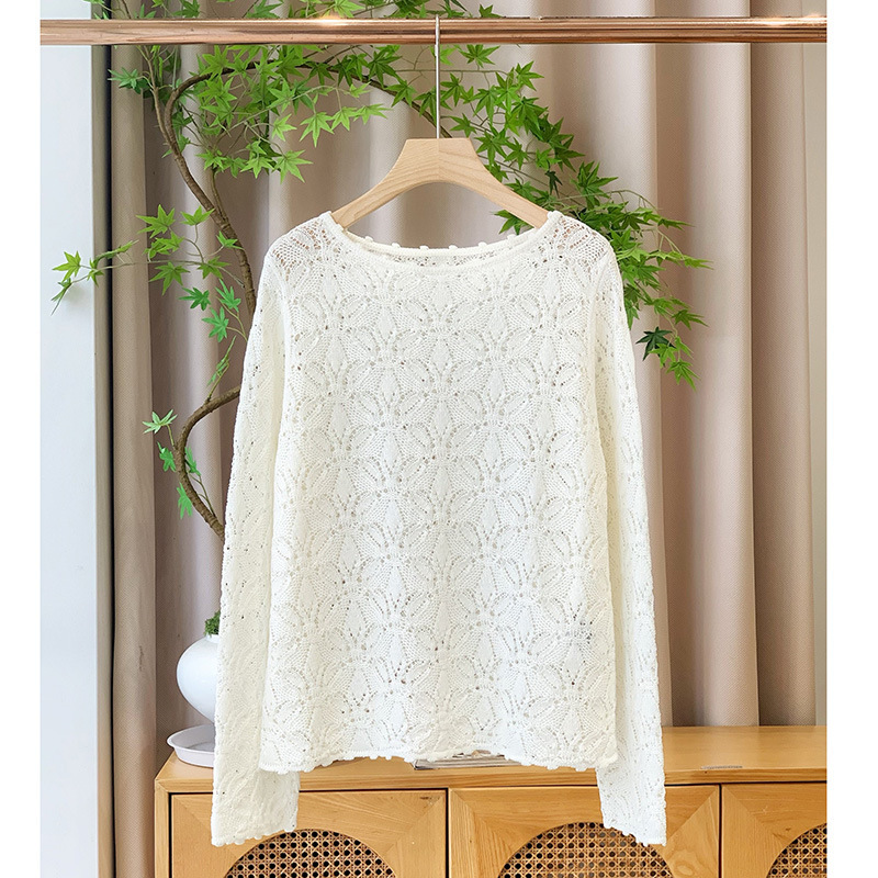 Spring and Summer New Style Tencel Linen Sequin Hollow-Out Loose Round Neck Off-Shoulder/Knit Long-Sleeve Women's Top Spring and Summer New Style Tencel Linen Sequin Hollow-Out Loose Round Neck Off-Shoulder/Knit Long-Sleeve Women's Top