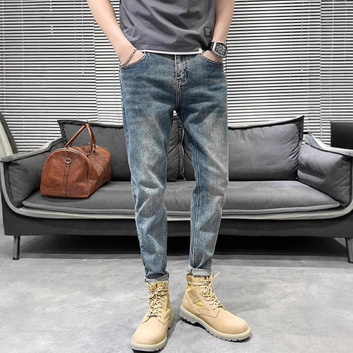 Spring and Autumn Men's Tapered Slim-Fit Jeans 2024 New In-Season Casual Streetwear Pimp Style Trendy Pants for Men