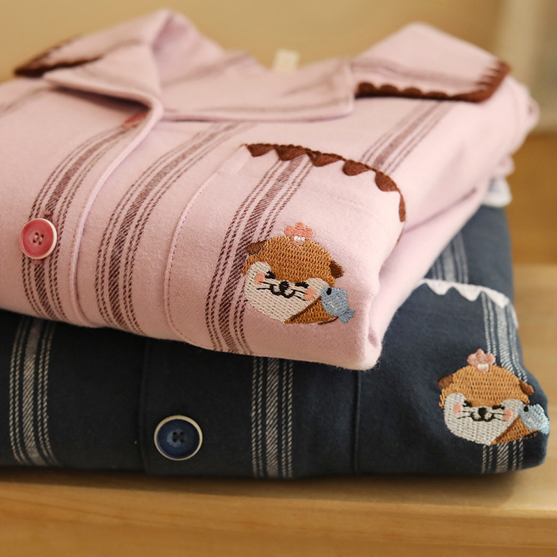 Autumn Couple Women's Pure Cotton Flannel Suit Simple Stripesd High-End Casual Men's Home Wear Two-Piece Set