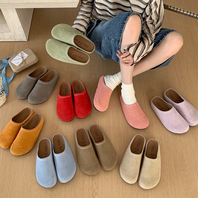 Women's Leather Toe-Cap Shoes, Korean Style, Versatile, 2026 New Model, Casual Slip-On Birkenstock-Style Half Slippers, Thick-Soled for Outdoor Wear