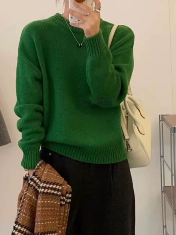 温柔浣熊绒圆领毛衣女宽松外穿秋冬慵懒风套头蓝色软糯打底针织衫|undefined