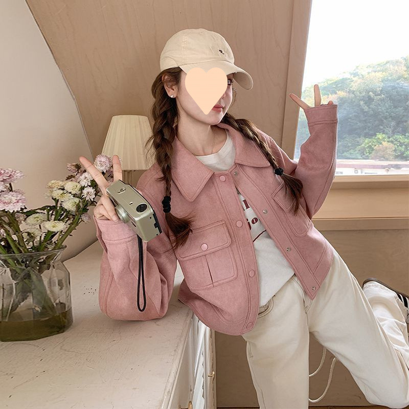 2025春秋新款高级感粉色麂皮绒外套女甜美风小个子百搭短款上衣潮|undefined