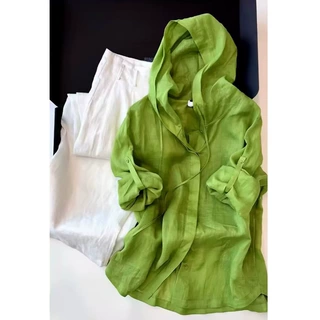 韩系chic洋气减龄高级感上衣多巴胺绿色时髦连帽防晒衬衫女春夏潮