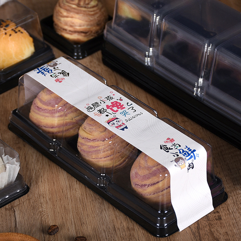 Cuadrado pastel de Luna transparente blister caja de embalaje nieve Meinoang Western dot yema de huevo crujiente 3-pieza desechable mousse para hornear caja