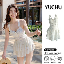 2025泳衣新款连体裙式遮肚显瘦保守蝴蝶印花少女泳装泡温泉度假