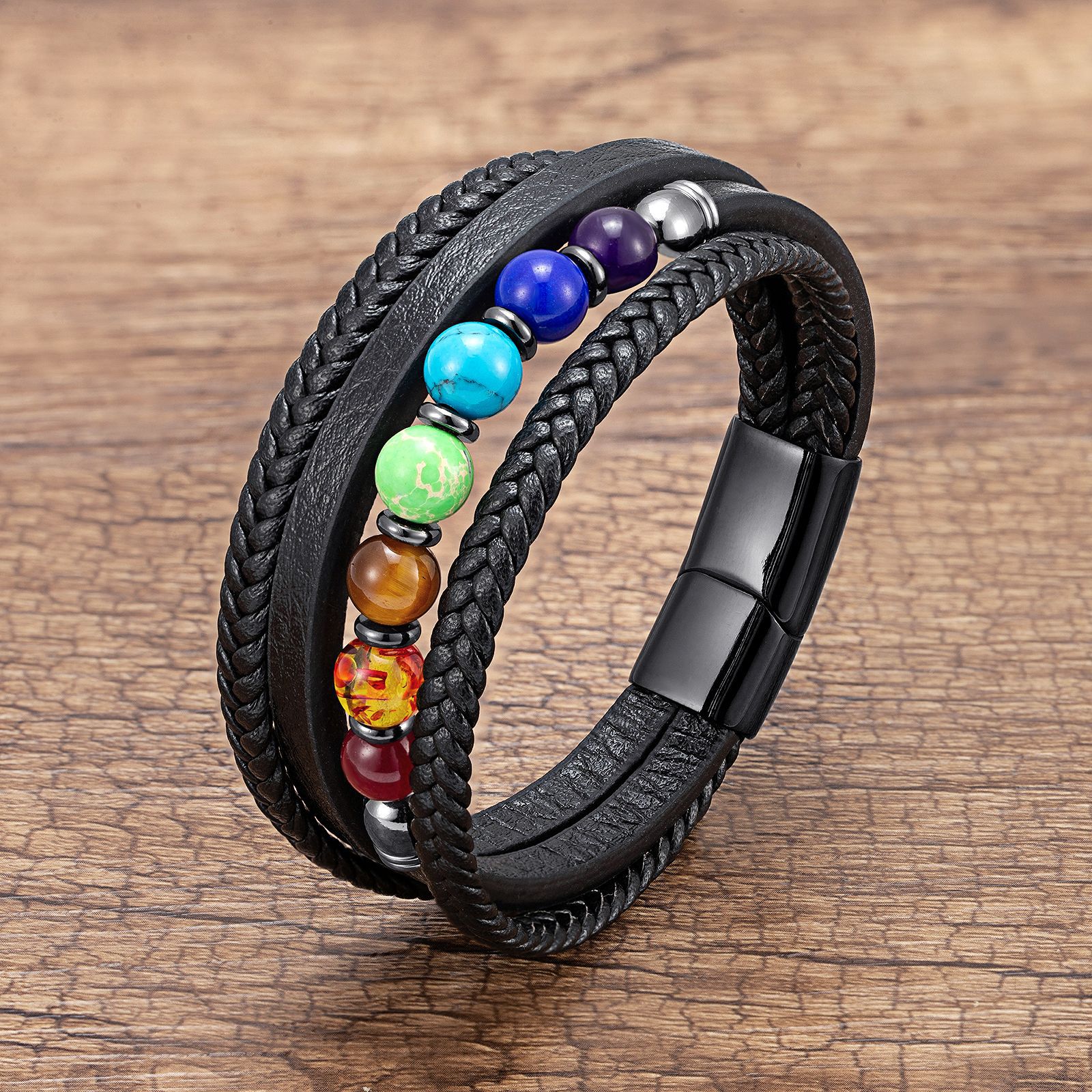 Multi-layer woven leather bracelet fashion Men's colorful beaded personalized leather rope bracelet stainless steel buckle classic jewelry