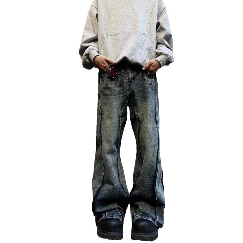 Amerikanische High Street Jeans mit geradem Bein und Lichtmuster und Micro-Pull-Wash-Spleißen-Design, vielseitig und stilvoll_voghion.com