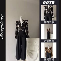 フレンチデザインVネック花柄パフスリーブシャツレディース2025春夏ハイウエストスリムワイドレッグパンツツーピーススーツ