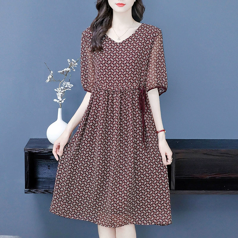 Летнее шифоновое платье с короткими рукавами и свободной талией во французском стиле, модная женская одежда больших размеров для мам среднего возраста