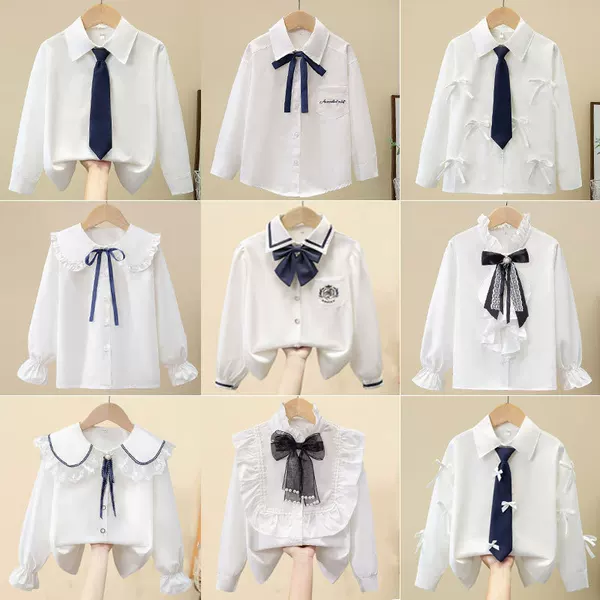 Girls' White Shirt Children's Clothing School Uniform Long-Sleeved Thin Cotton Shirt for Older Children in College Style for Girls Spring and Autumn Tops