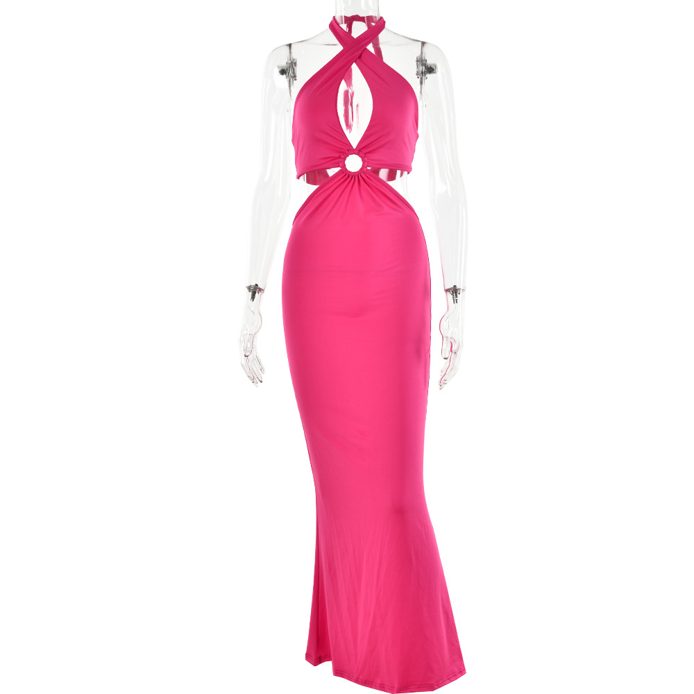 Europäisches und amerikanisches Sommerkleid, sexy Mode, Patchwork, Neckholder, offener Rücken, langer Rock_voghion.com