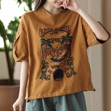 夏季薄款竹节棉短袖T恤特色创意印花圆领宽松百搭抽绳上衣女