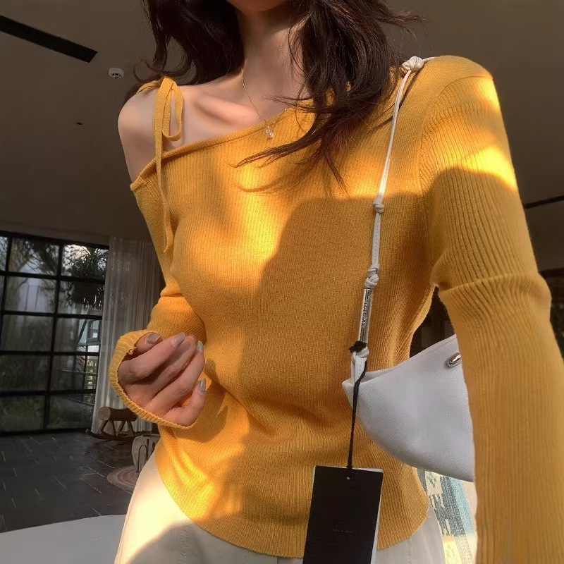 Clearance Sale, No Returns or Exchanges. Lemon Green Tea Color, Stylish Design, Asymmetrical Shoulder Strap, Slim-Fit, Slimming Knit Top for Women, Spring Season