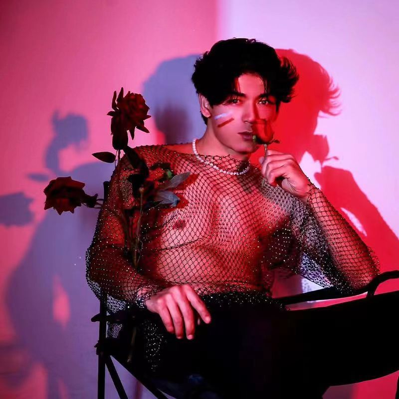 Nightclub disco jumping men's sexy rhinestone fishing net long-sleeved top square collar Hollow T-shirt inner stage show clothing