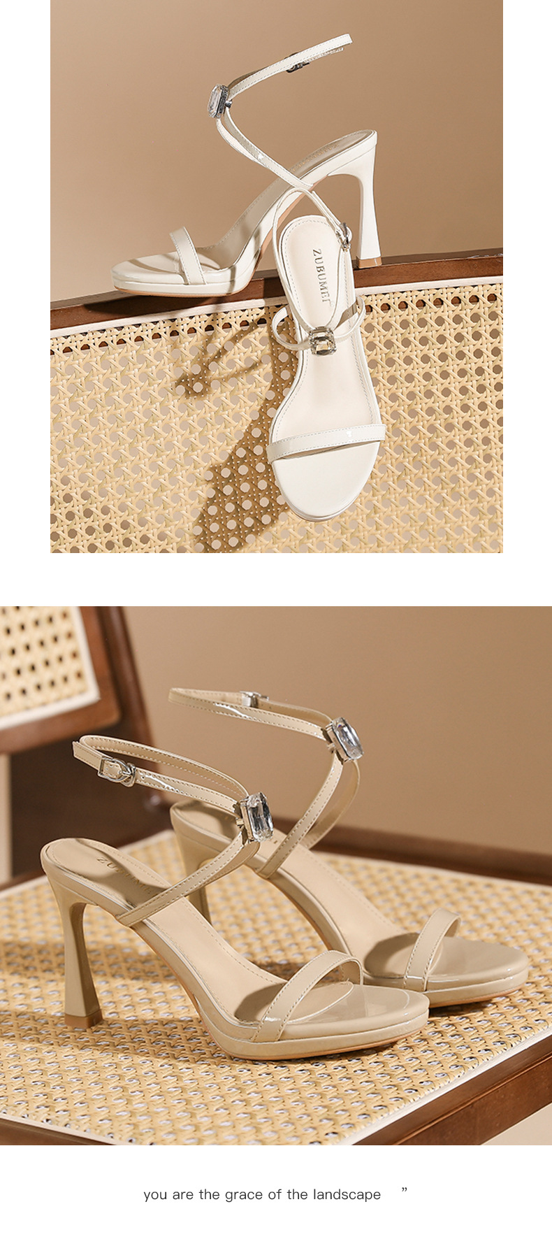 Sandal cao gót nữ mũi tròn kiểu Pháp, quai chéo buộc dây, gót nhọn 9 cm — trắng ngà chi tiết 9