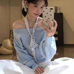 法式浅蓝色一字肩针织衫女秋冬新款设计感外搭长袖上衣薄款毛衣