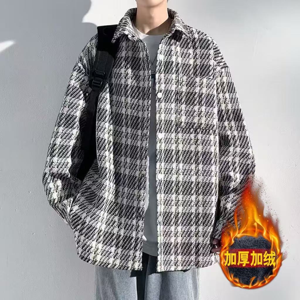 格子针织小香风外套男冬季加绒加厚潮牌百搭潮流衬衫男士休闲夹克