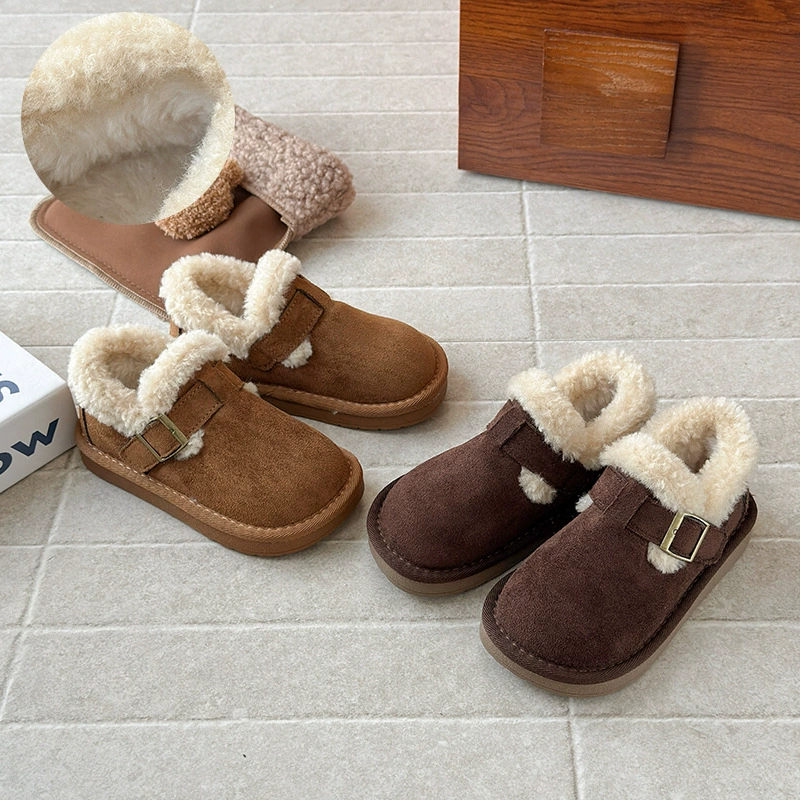 Ins французские бархатные туфли Birkenstock на толстой подошве новинка зимы 2026 корейские новые меховые зимние сапоги для девочек хлопковые туфли-лодочки