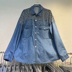 女士重工烫钻牛仔衬衫外套2025秋季新款钉珠牛仔设计感衬衫女