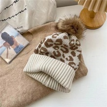 欧美时尚跨境豹纹卷边毛球针织帽女帽户外保暖加厚男士毛线帽潮流