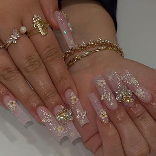 New hot sale sweet flower super long water pipe nail piece diamond silver butterfly wear nail nail patch nails