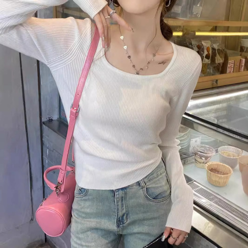 Base shirt women's 2024 early autumn new thin knit sweater short style slim-fit innerwear square collar long-sleeved top