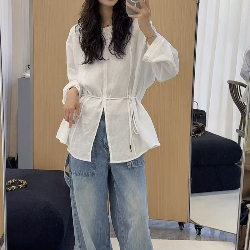 Vintage Artistic Hemp Shirt for Women, Early Autumn New Japanese Style, Loose and Versatile, Slimming, Front Slit, Waist Tie