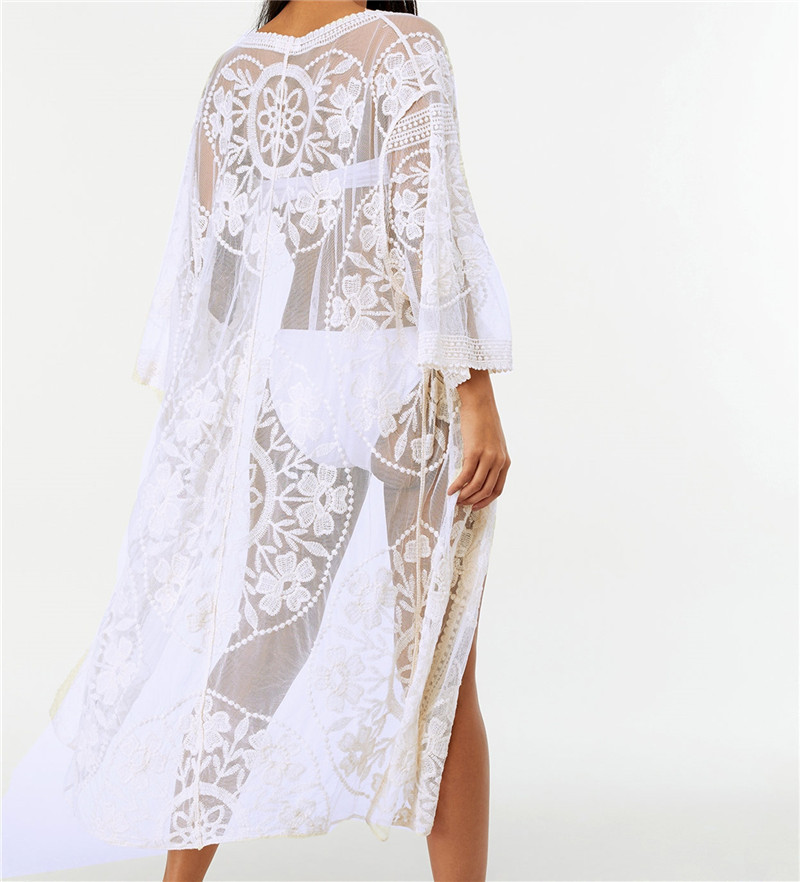 2023 primavera y verano europeo y americano suelta bordado malla blusa bikini blusa vacaciones playa cardigan transfronterizo mujeres