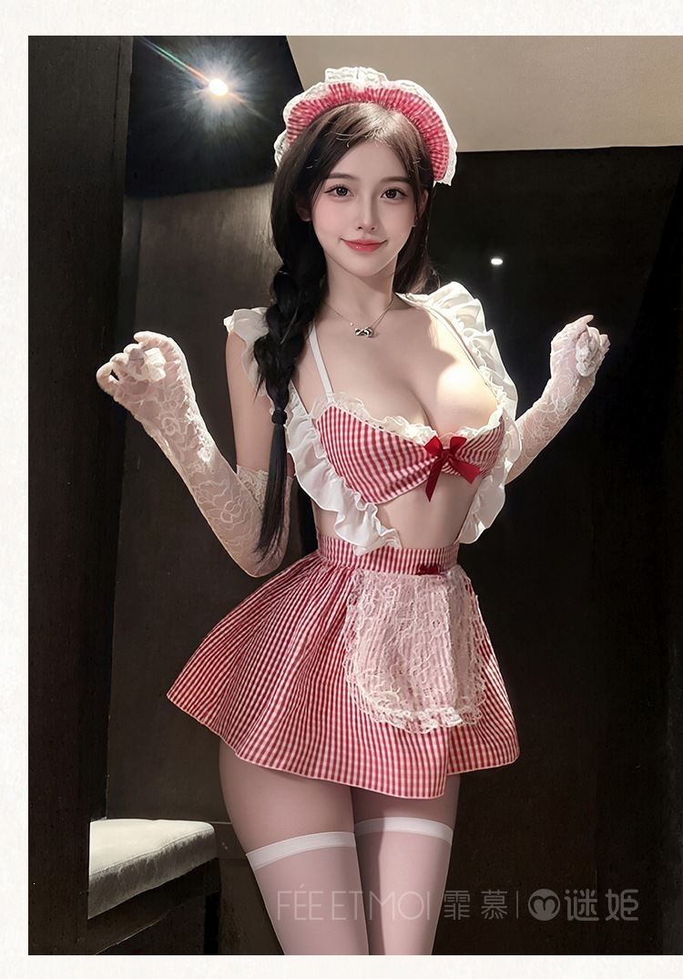 Sweet Summer Plaid Maid Costume Set with Lace Backless Suspender Dress and Accessories — detail image 14