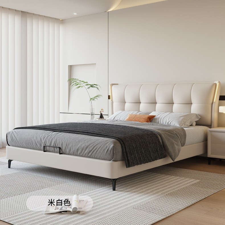 Cama de cuero auténtico, lujo ligero, 1.8 camas dobles, cama principal moderna, aproximadamente 1.5 camas.